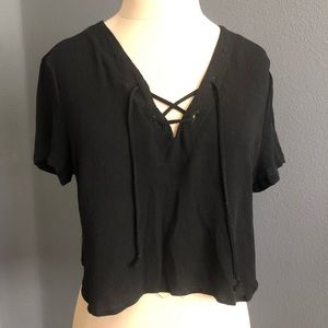 Brandy Melville Black Lace Up Short Sleeve Top
